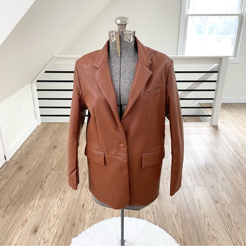 LD SALE ITEM: mocha brown faux leather vneck blazer single button jacket pockets - Picture 3 of 7